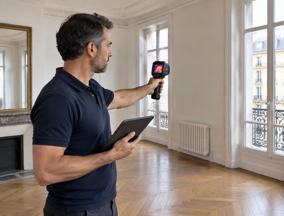 Diagnostiqueur immobilier certifié relevant les données d'un appartement